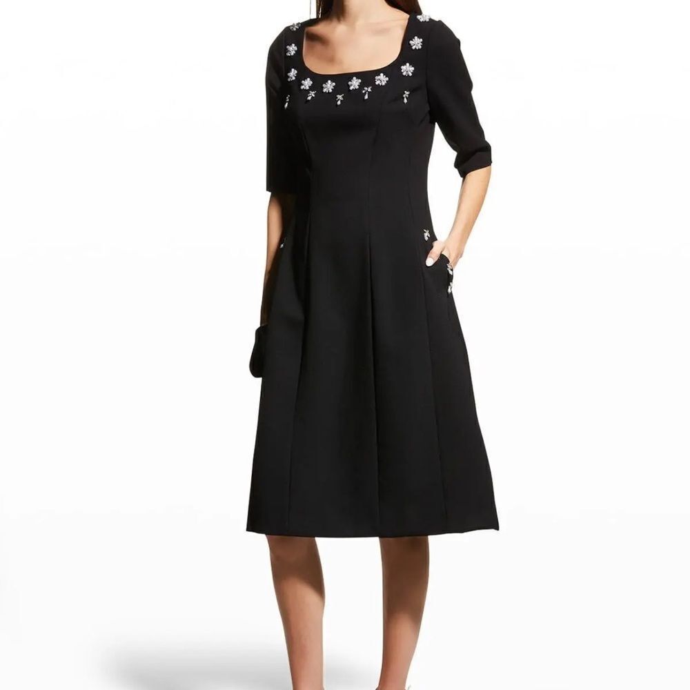 NWOT RICKIE FREEMAN FOR TERI JON Pearl-Trim Elbow-Sleeve Stretch Crepe Dress
